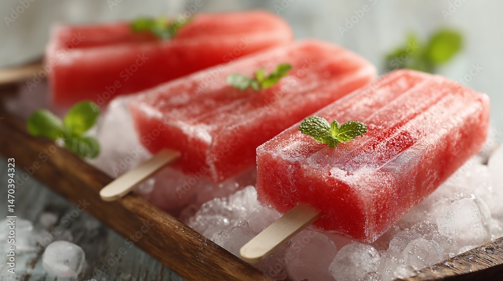 Watermelon and mint popsicles on tray with crushed ice, vintage background Watermelon and mint popsicles on tray with crushed ice, vintage background