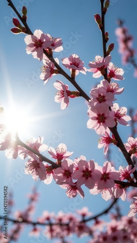 Branches of blossoming cherry on sunny background..