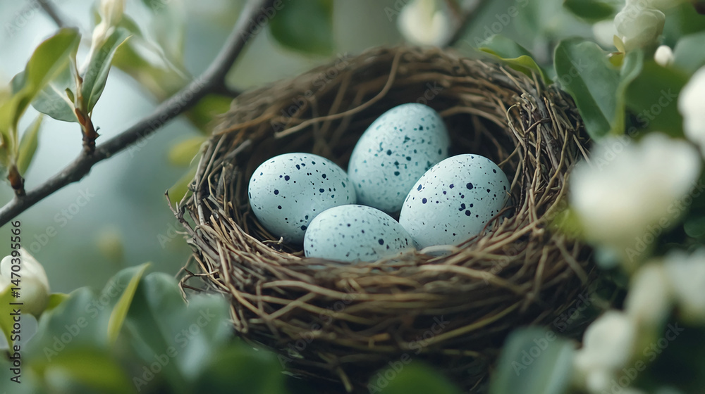 A close up of a bird's nest containing four speckled eggs nestled among green leaves and white blossoms A close up of a bird's nest containing four speckled eggs nestled among green leaves and white blossoms