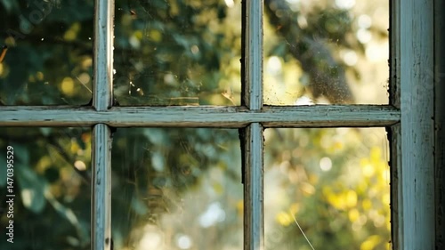 Rustic Window Pane with Green Garden View