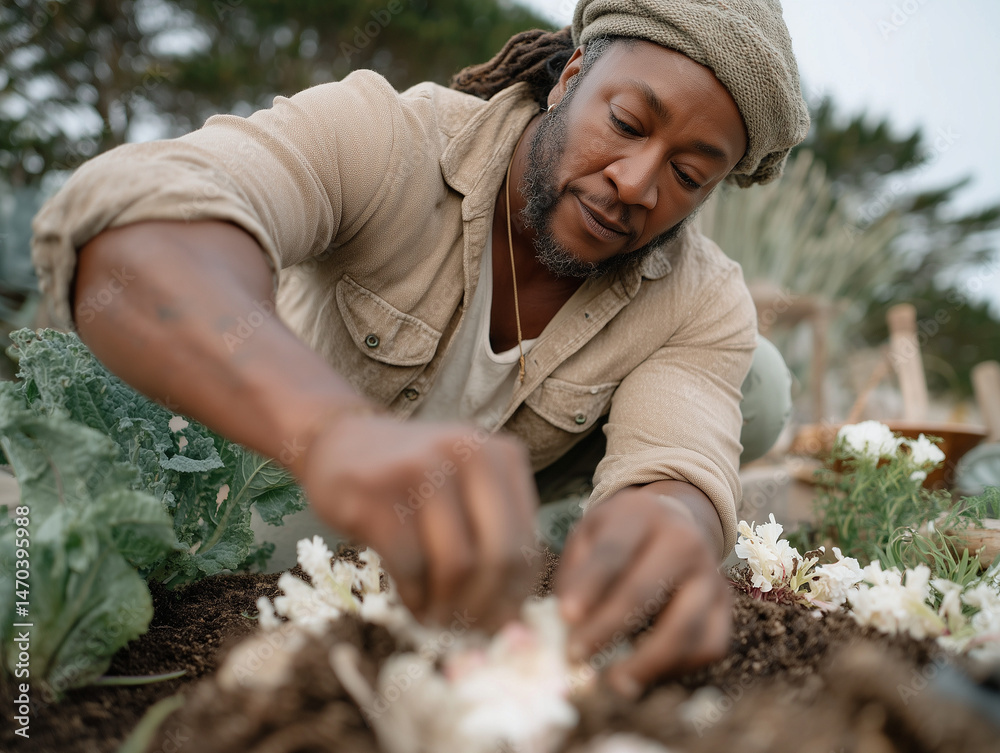 Fototapeta premium Transgender man tending to flower beds in a garden outdoors