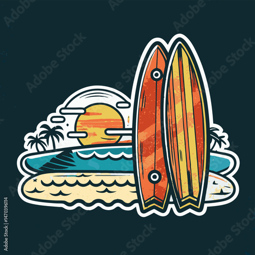 Sunset Beach Scene with Two Vintage Surfboards on Sandy Shore