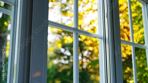 Sunlit Serenity: A Window View of Autumnal Trees