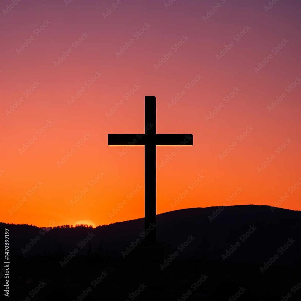 Silhouette of a cross at sunrise, evoking faith and hope.