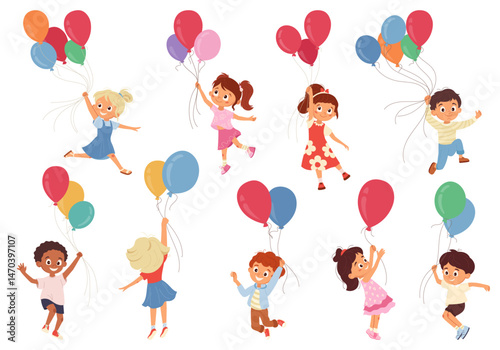 Joyful cartoon kids flying with colorful balloons in sky. Smiling child characters floating above the ground on ballon. Vector illustration for children party design, greeting cards, poster or flyer