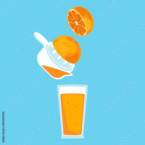 Vector illustration of a cartoon-style drink. Freshly squeezed orange juice in a tall glass. Modern style, bright and fun. Use for designing drink menus, advertisements, food, and health websites.
