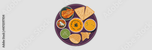 Vector sheet icon of Indian plate with chicken tikka, biryani, samosas, and lassi – Ideal for restaurant promotions, menu designs, or food delivery apps.