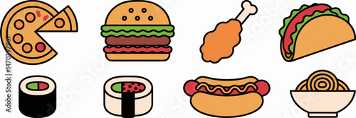 Vector illustration of pizza, burger, fried chicken, taco, sushi, hot dog, and spaghetti – Perfect for fast food marketing, food blog headers, or takeout ads