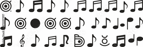 Vector icon sheet of minimalistic musical notes and rests in different sizes