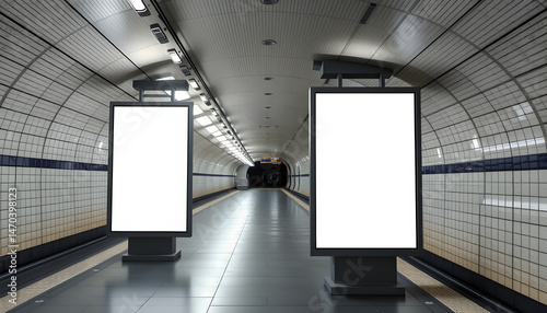 2 blank vertical advertising banners posters mockup in underground tunnel walkway; out-of-home OOH media display space, lightbox; 6 sheet template, silhouette. White tone