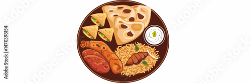 Vector icon sheet of Indian food plate with samosas, naan, tandoori chicken, and raita – Great for festive menus, recipe blogs, or cultural cuisine promotions.