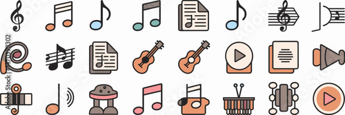 Vector icon sheet of musical notes and instruments in mixed styles on white background