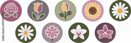 Flower icon sheet with labeled designs on white background – Ideal for educational resources, flower shop branding, or children's books.