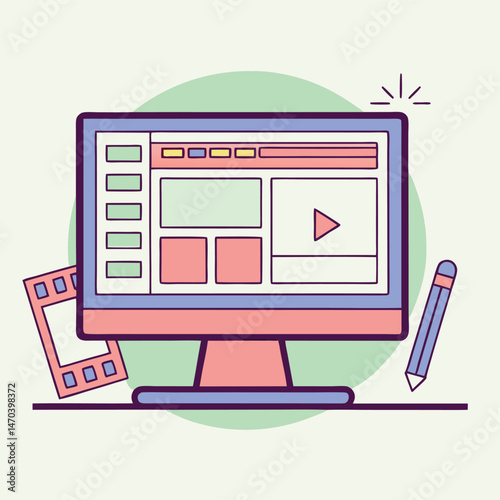 Modern Computer Screen Displaying Video Editing Software Interface with Filmstrip and Pencil