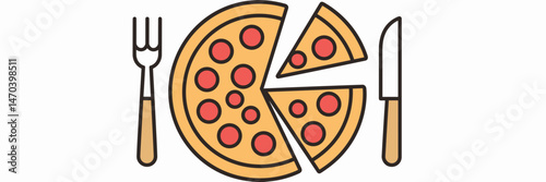Vector sheet icon of pizza with pepperoni slice missing and utensils – Suitable for restaurant menus, food blogs, or pizza promotions
