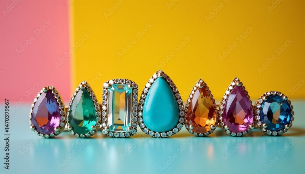 Colorful gemstones arranged on a bright background