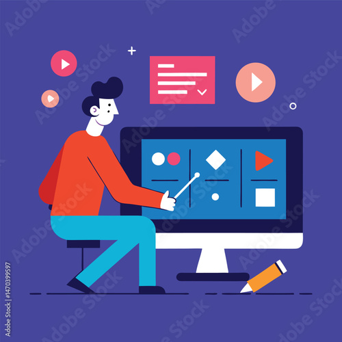 Man Using Computer for Online Video Editing and Content Creation