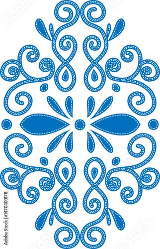 Symmetrical embroidered floral ornament with swirls and stitched contour in blue. Vertical decorative vector template. Design for card, invitation, banner, print.