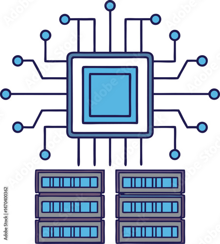 A vibrant blue CPU communicates with data storage units through a wired network setup