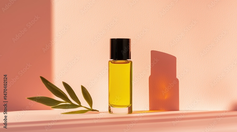 A roll on bottle sits with leaf against pink background A roll on bottle sits with leaf against pink background