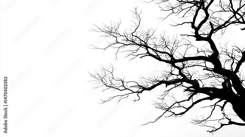 Obraz premium Silhouette of stark tree with branching patterns against bright white winter sky Nature scene