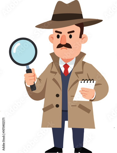 Detective with magnifying glass and notepad in classic trench coat and fedora hat investigation concept vector illustration 