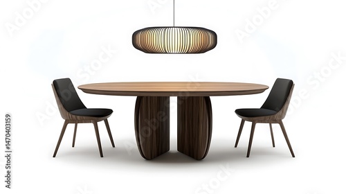 Modern dining room with round table, and chairs.