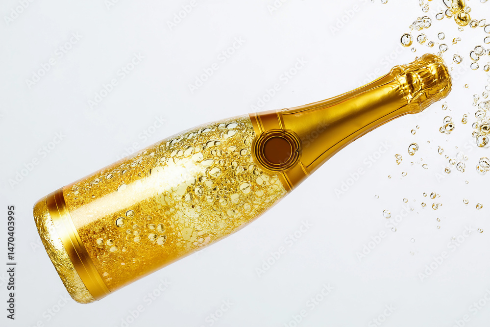 Fototapeta premium Sparkling champagne bottle with bubbles floating in the air against a light background during a celebration