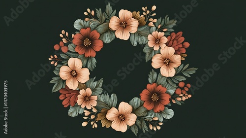 Floral Wreath with Autumn Hues, and Dark Background.