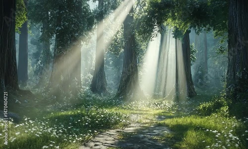 A serene forest scene with sunlight streaming through tall trees, illuminating a vibrant green path and blooming wildflowers, creating a tranquil atmosphere photo
