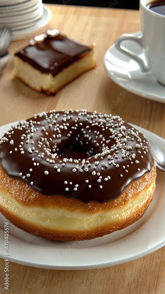 Chocolate glazed donut with sprinkles sits on a plate beside a cup, showcasing a delightful treat perfect for any occasion Chocolate glazed donut with sprinkles sits on a plate beside a cup, showcasing a delightful treat perfect for any occasion