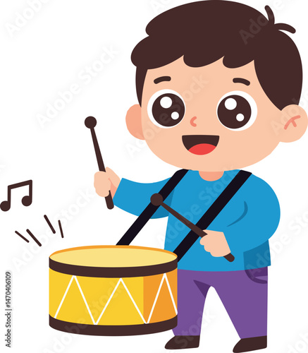 Boy playing yellow drum with drumsticks vector illustration for music and childhood activity design 