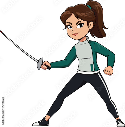 Young female fencer practicing sport with foil weapon in dynamic stance vector illustration 