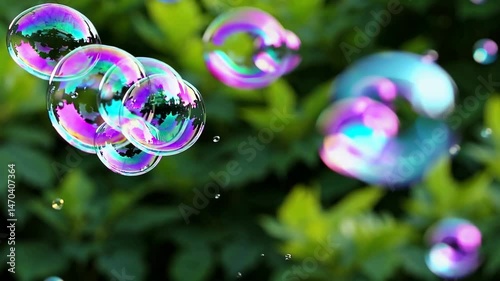 Colorful soap bubbles float against lush greenery in vibrant summer scene