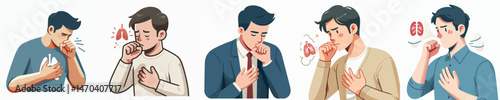 man coughing while holding chest style vector flat design