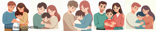 father, mother, and child hugging together with sad expression style vector flat design