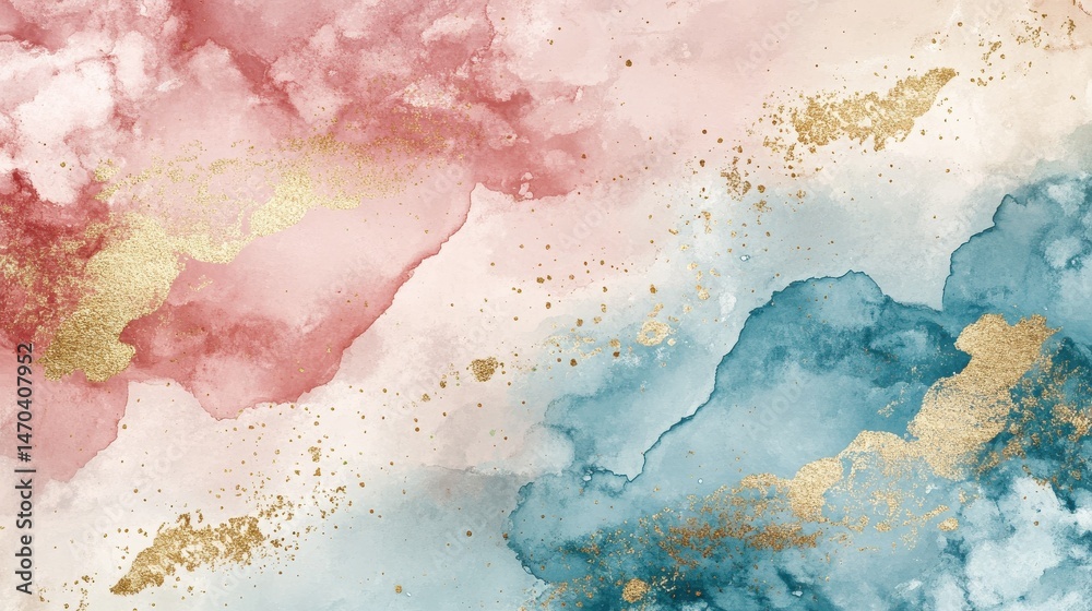 Fototapeta premium Watercolor art background vector. Wallpaper design with paint brush and gold line art. Earth tone blue, pink, ivory, beige watercolor Illustration for prints, wall art, cover and invitation cards. il