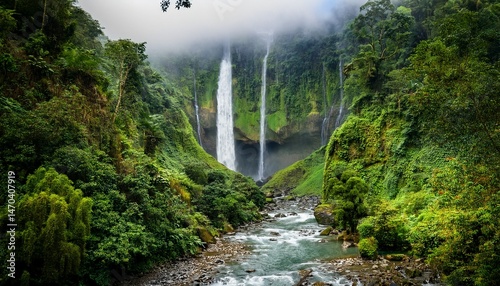 long river of the waterfall between green mountains dense rainforest with lush green foliage still life