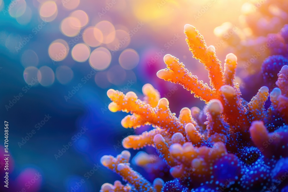 Fototapeta premium Vibrant coral reef scene with bright orange and blue coral formations, illuminated by soft, colorful underwater light.