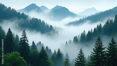 Misty Mountain Forest Landscape with Dark Green Trees