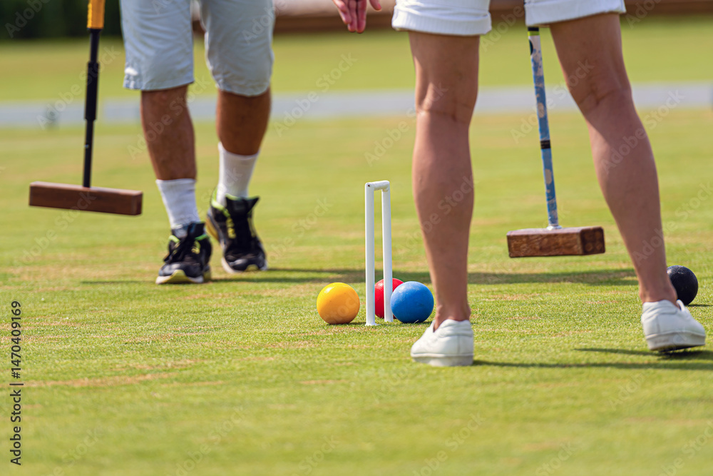 Obraz premium Players participating in a friendly croquet match on a sunny day in a park
