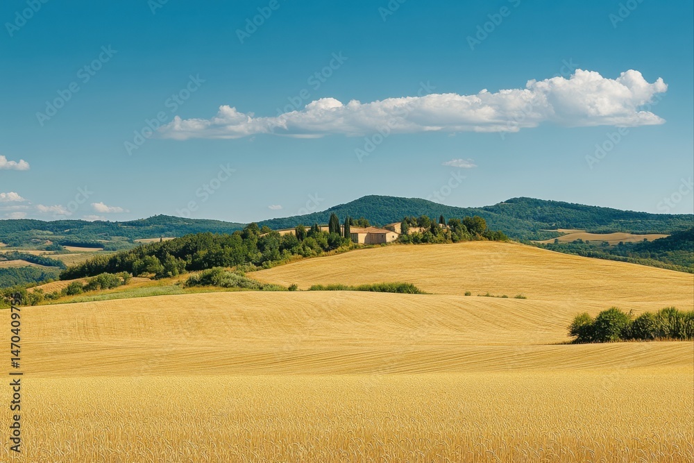 Obraz premium Golden field with farmhouses under blue sky, for travel and tourism content.