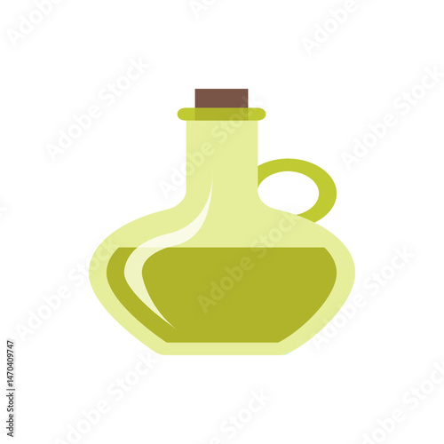 Illustration of a light green olive oil bottle with a handle and a cork stopper on a white background