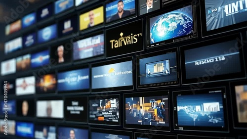 Digital screens illuminate a media center, highlighting current news, reports, and global events with vibrant visuals and engaging content