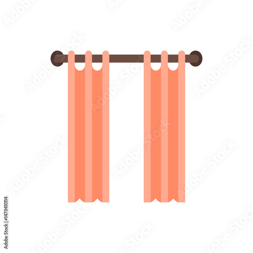 Illustration of two peach colored curtains hanging from a brown rod with circular end caps decoratively
