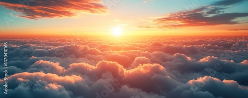 Heavenly sky. Sunset above the clouds abstract illustration. Extra wide format. Hope, divine, heavens concept. Hand edited generative AI