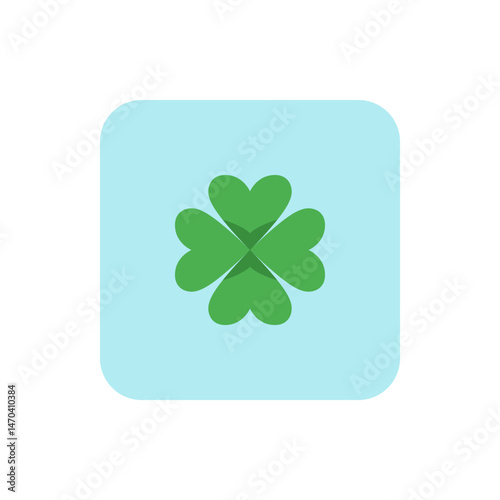 Illustration of a green four leaf clover on a rounded square light blue background, simple and clean design
