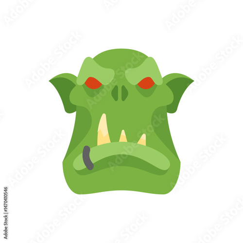 Illustration of a green orc face with red eyes and tusks, featuring a ring on its lower lip design