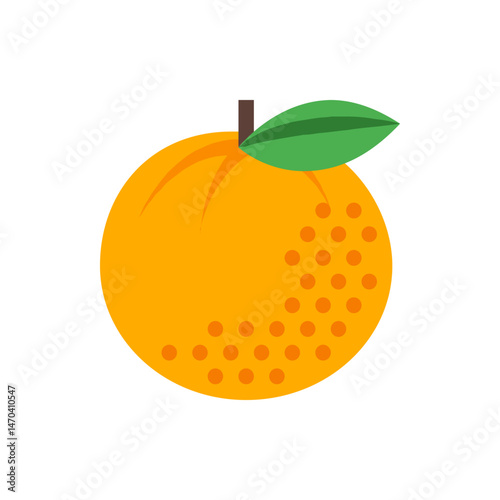 Illustration of a round orange fruit with a green leaf and a brown stem on a white background design element