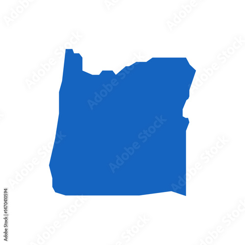 A blue silhouette of the state of oregon with its distinct borders and shape against a white background
